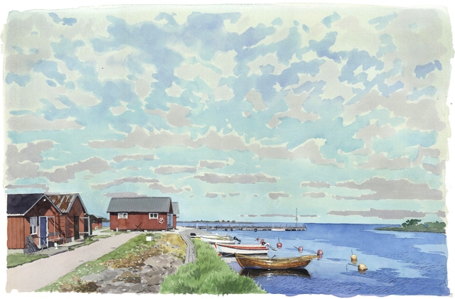 Reproducerad akvarell/giclée - Källahamn på nordöstra Ölands kust